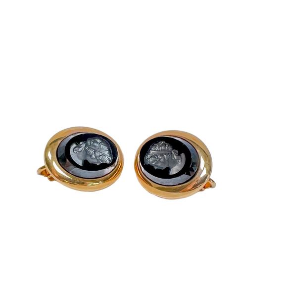 Sarah Coventry Earrings Evening Profile Clip On Black Intaglio Cameo Gold Tone - Picture 7 of 10
